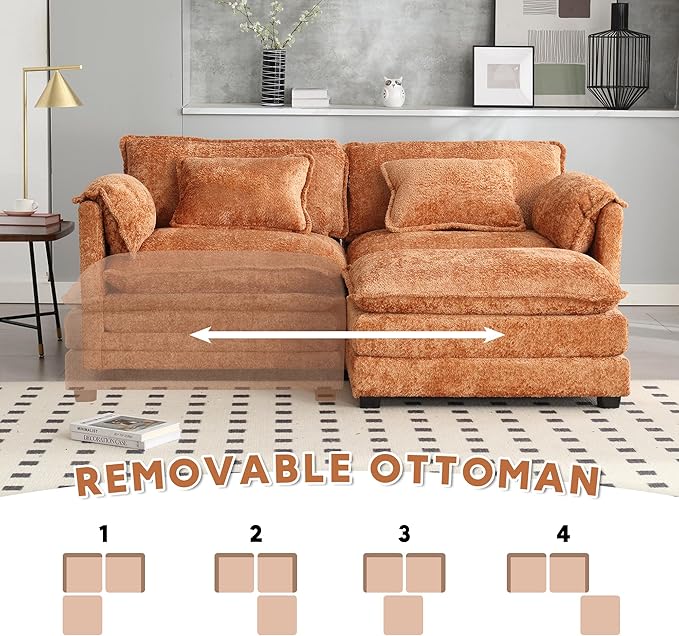77 L Shaped Modular Sectional Sofa Comfy Upholstery Chenille Cloud Couch Loveseat with Ottoman Modern 3-Seat Deep Seat Sofa with Pillow for Living Room Bedroom Apartment Orange