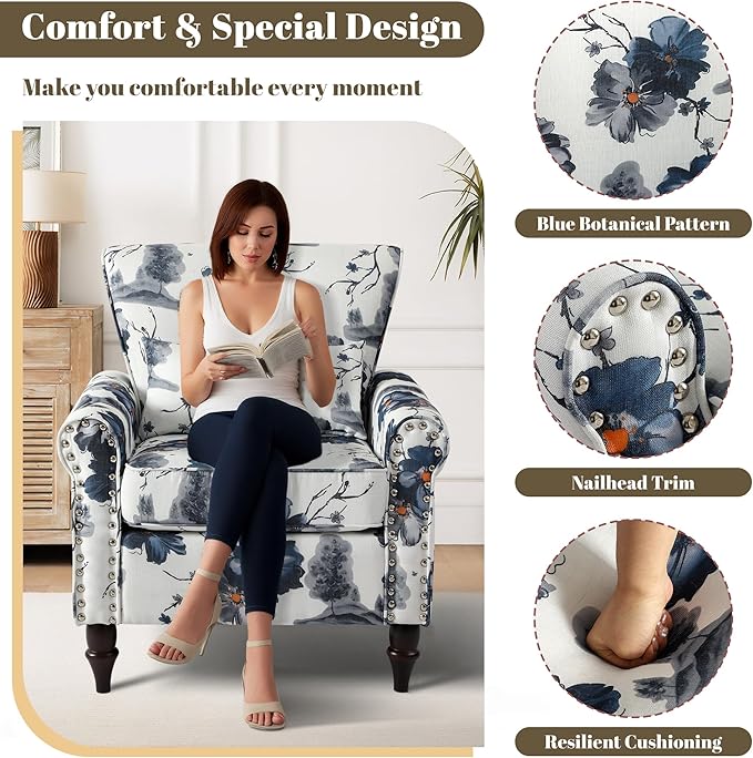 Oversized Floral Accent Chair with Extra Lumbar Pillow Upholstered Living Room Armchair with Wooden Legs Comfy Reading Lounge Chair for Bedroom Home Office (Blue Floral Pattern)
