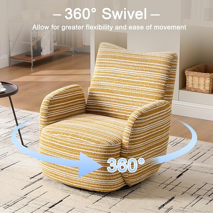 360° Swivel Accent Chair with Armrest Modern Striped Upholstered Lounge Chair Stable Round Base &amp Sturdy Metal Frame Armchair for Bedroom Living Room Office &amp Vanity (Mustard Yellow)