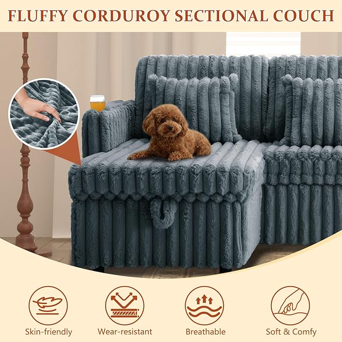 107 Sectional Sleeper Sofa with Pull Out Bed Comfy Fluffy Plush Corduroy Cloud Sectional Couches for Living Room U Shaped Modular Couch with Storage Chaise Cup Holder &amp USB Charger Dark Grey