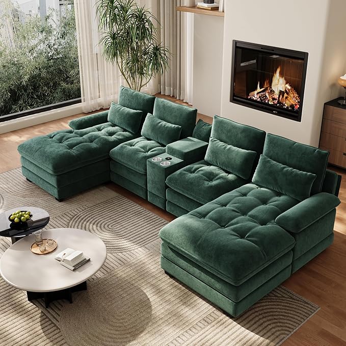 134U Shaped Sectional Couches for Living RoomOversized Modular Sectional Fluffy Couch with Chaise Lounge &amp Tufted ButtonsModern Chenille 6 Seat Living Room Sofa Set with Storage ConsoleGreen