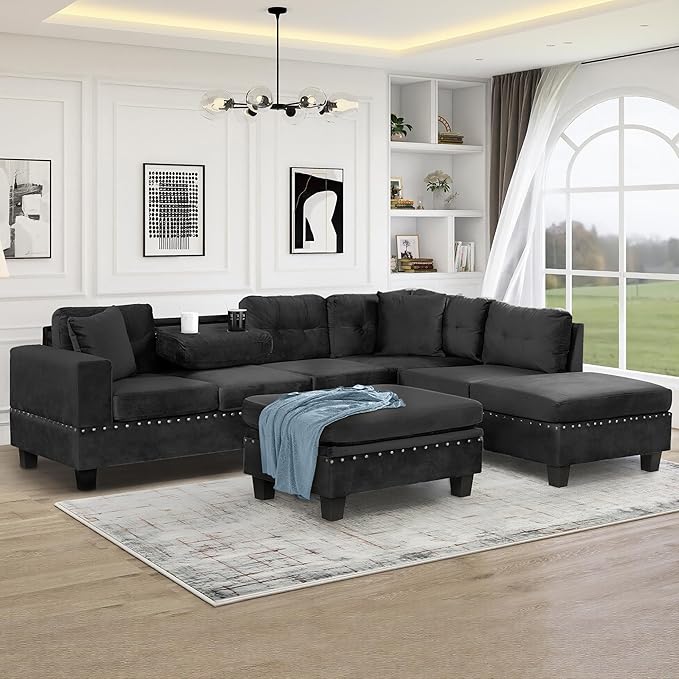 Ball &amp Cast L-Shape Sectional Couch with Storage Ottoman105 Couches for Living Room W/ 2 Pillows &amp Cup Holders6 Seat Velvet Sleeper Sofa W/Reversible ChaiseComfy Couches for ApartmentBlac