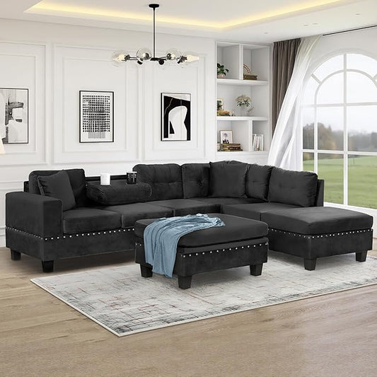 Ball &amp Cast L-Shape Sectional Couch with Storage Ottoman105 Couches for Living Room W/ 2 Pillows &amp Cup Holders6 Seat Velvet Sleeper Sofa W/Reversible ChaiseComfy Couches for ApartmentBlac