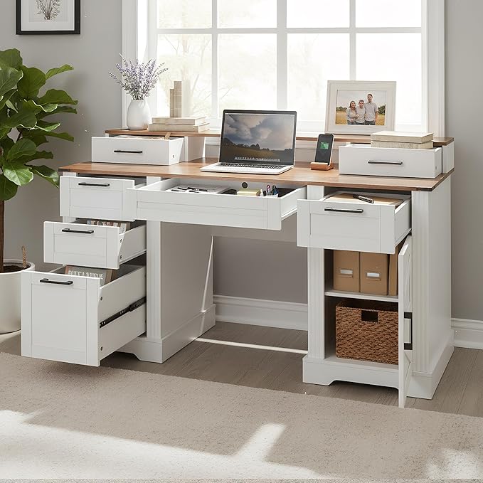 59 Farmhouse Executive Desk with Drawers Wooden Home Office Desk with File Storage Cabinet Computer Writing Desks with Keyboard Tray Charging Station and Monitor Stand for Work (White)