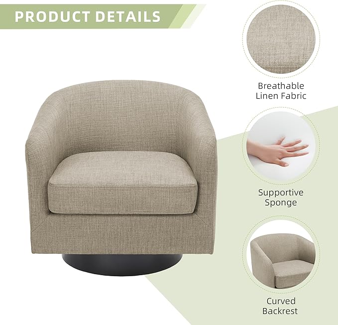Swivel Barrel Chair Modern Round Swivel Accent Chair in Linen for Living Room Comfy Club Chair Upholstered Armchair for Bedroom Small Space-Light Brown