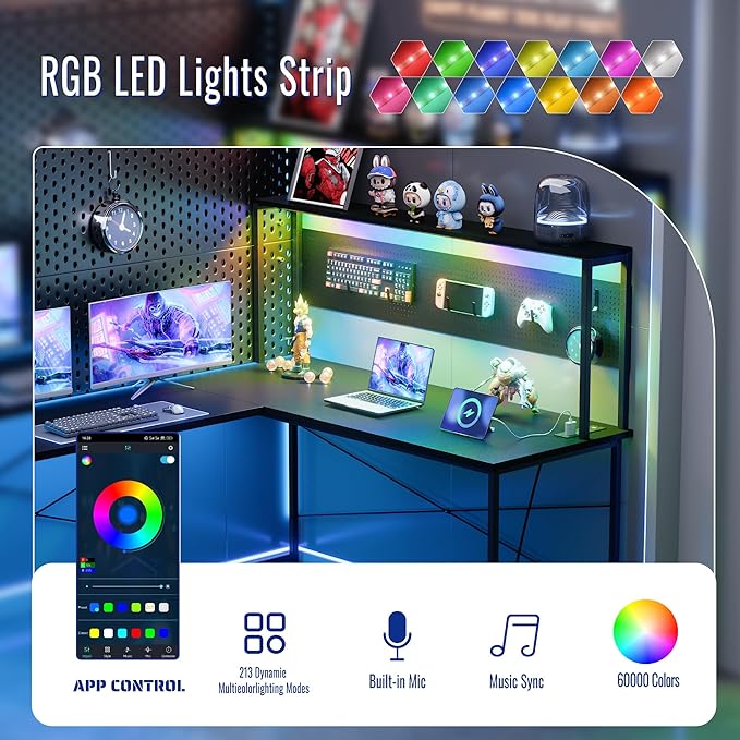 Pamray 60 Inch L Shaped Gaming Desk with LED Lights and Power Outlets Reversible Corner Computer Desk with Pegboard Storage Shelves Home Office Table for Work Study White