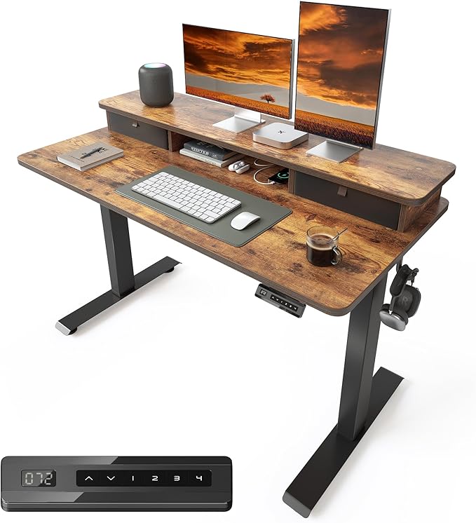 CubiCubi 48 x 24 Inch Electric Height Adjustable Standing Desk with Double Drawers 4 Adjustable Feet &amp 2 Hooks Home Office Computer Workstation Rustic Brown