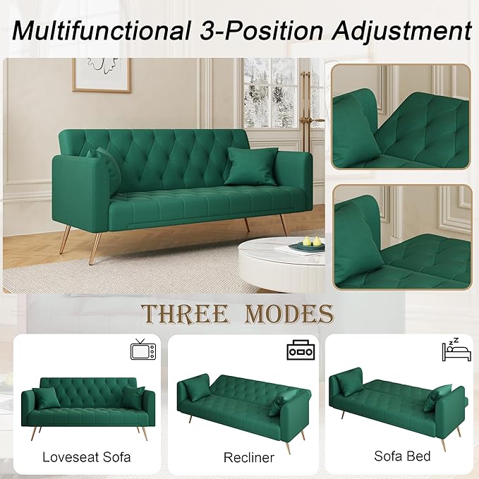 71 Futon Sofa Bed VelvetConvertible Sleeper Sofa CouchModern Folding Futonwith 3 Adjustable Backrests and 2 Pillowsfor Small Living Room Bedroom Office (Green)