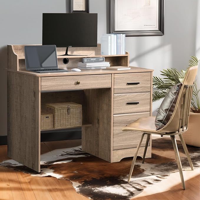 Catrimown Computer Desk with 4 Drawers and Hutch Wood Executive Desks with File Drawer and Shelves Small Desk Study Table for Bedroom Student Teen Writing Laptop Table Grey