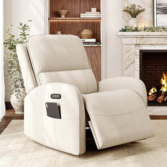 iPormis Power Recliner Chair for Adults Comfy Linen Fabric Swivel Rocking Recliner with Power Headrest/Lumbar Support/Charging Ports Electric Recliner Single Sofa Chairfor Living Room/Bedroom White