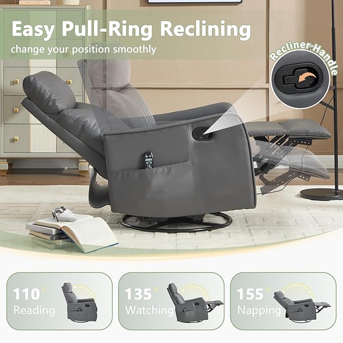 cinkehome Heated Massage Swivel Rocker Recliner Chair for Nursery - Small Space Reclining Chair with Lumbar Support 360° Swivel &amp Gentle Rocking Ergonomic High Back Faux Leather Gray