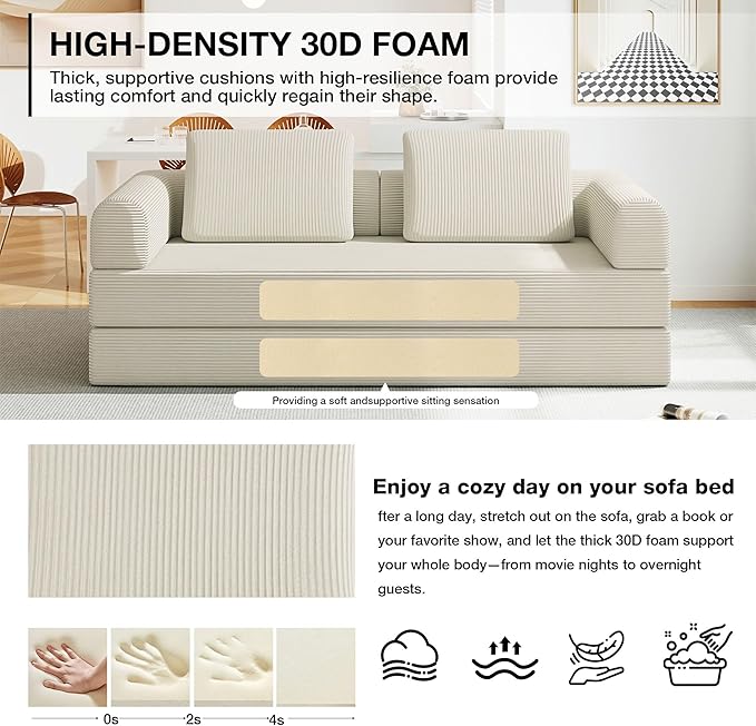Convertible Sofa Bed 5-in-1 Pull-Out Futon Boneless Couch for Living Room &amp Guest Room Corduroy Sleeper Sofa with Steel Support Brackets 78.7 3-Seater with 2 Pillows (Beige)