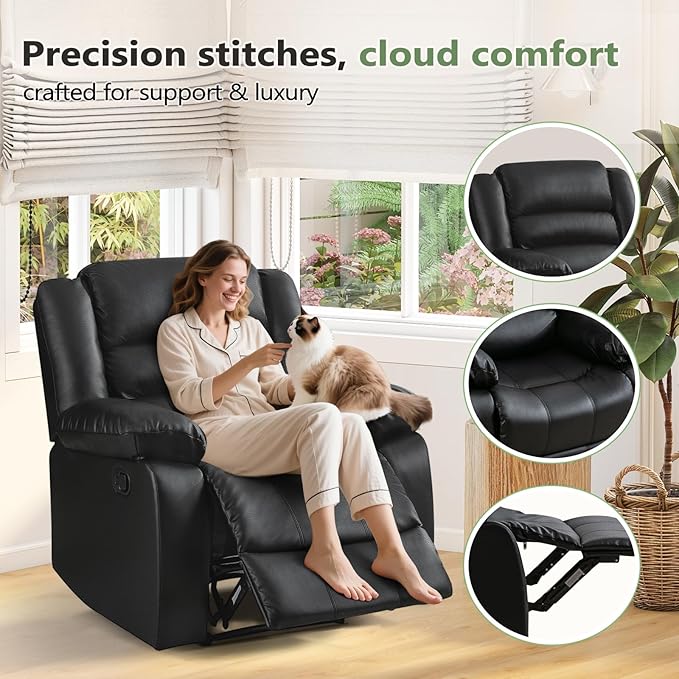 ANJ Black Recliner Chair Set of 2 with Overstuffed Arm and Back Breathable Faux Leather Manual Reclining Chairs Living Room Single Sofa Recliners