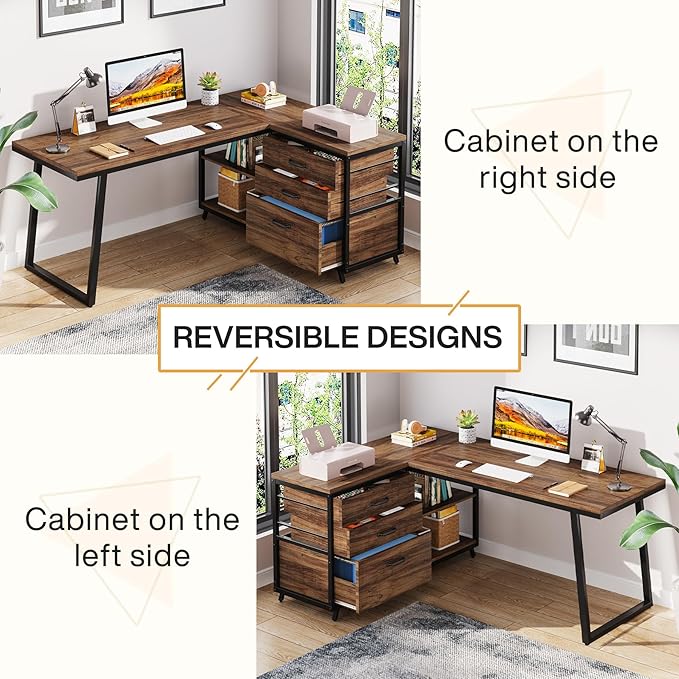 Tribesigns L-Shaped Computer Desk with 3 Drawers Reversible Corner Home Office Desk with Shelves 53-Inch Industrial PC Desk Study Writing Table Workstation for Small Space Rustic Brown