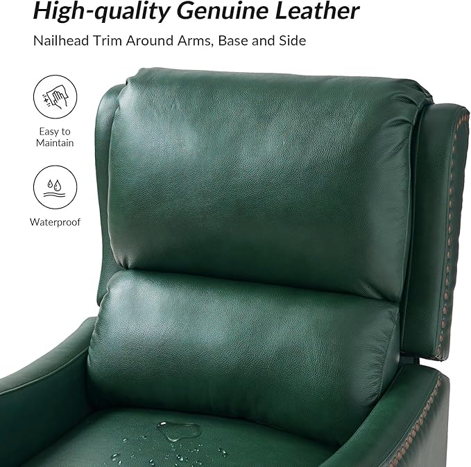 HULALA HOME Genuine Leather Recliner Chair Modern Push Back Recliner Armchair with Thick Seat Backrest &amp Footrest Nailhead Decor for Living Room Bedroom Green