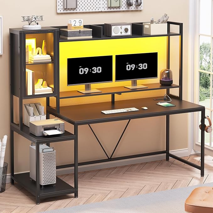 SEDETA Gaming Desk 60'' Gaming Desk with Hutch and LED Lights Computer Desk with Storage Shelves Large PC Gamer Desk with Display Cabinet Monitor Stand Power Outlet for Home Office Black