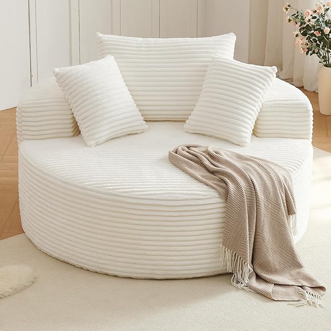 Oversized Round Chair Lounge Chaise Indoor Upholstered Corduroy Deep Seat Cloud Large Circle Sofa Chair No Assembly Required Fluffy Modern Sleeper Sofa Bed for Reading Living Room Bedroom White
