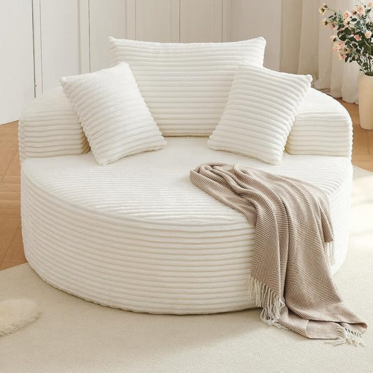 Oversized Round Chair Lounge Chaise Indoor Upholstered Corduroy Deep Seat Cloud Large Circle Sofa Chair No Assembly Required Fluffy Modern Sleeper Sofa Bed for Reading Living Room Bedroom White