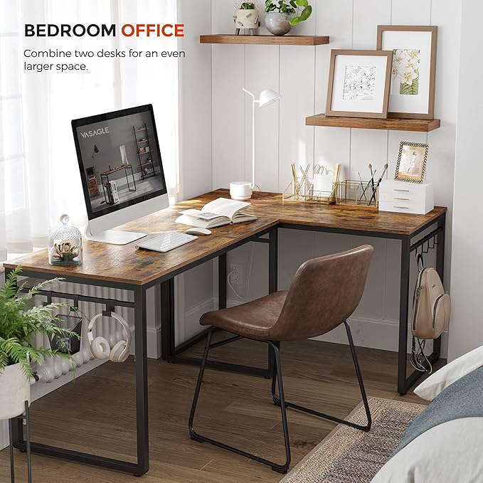 VASAGLE Computer Desk Office Desk with 8 Hooks for Study Home Office Easy Assembly Industrial Design 47.2 x 23.6 x 29.5 Inches Rustic Brown ULWD58X