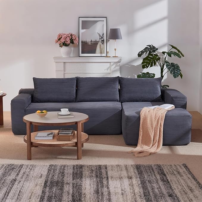 97 Cloud Sectional Couch Modern Boneless Couch with L-Shape Chaise Deep Seat Modular Sectional Sofa Corduroy Corner Foam Couches for Living RoomNo Assembly Required(Gray Right Chaise)