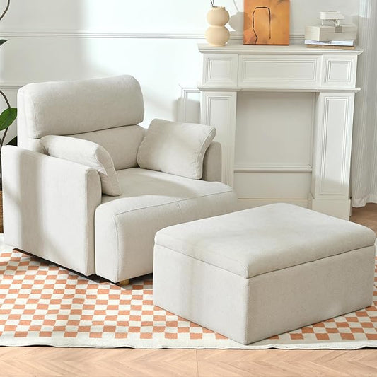 Modern Oversized Accent Chair with Storage Ottoman &amp Side Pillows Snowflake Fleece Upholstered Chaise Lounge Chair Deep Seat Reading Chair for Living Room 350lbs Capacity