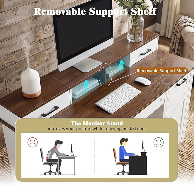 RiteSune 55 Farmhouse Computer Desk with Power Outlets Removable Monitor Stand with Drawers Keyboard Tray &amp Storage Cabinet Home Office Writing Desk with Pegboard Organizer