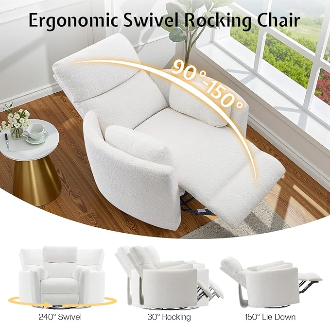 Jocisland Power Recliner Nursery Chair for Adults Electric Swivel Rocking Glider with USB &amp Type-C Charge Teddy Sherpa Armchair with 2 Pillows Cozy Reclining Sofa for Living Room Bedroom Whit