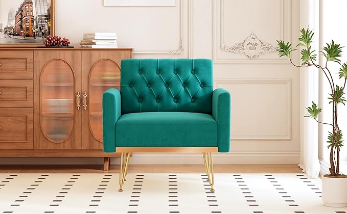 Accent Chair for Living Room Comfy Oversized Velvet Upholstered Arm Chairs Mid Century Modern Reading Single Sofa Side Chair with Tufted Back and Gold Legs for Bedroom (2 Green)