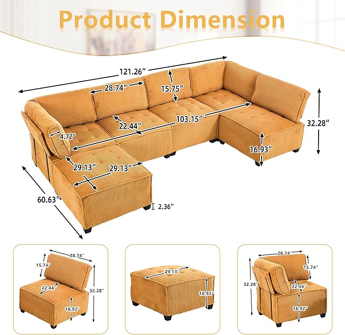 121 Inch Cloud Oversized Modular Sectional Sofa U Shaped Modular Couch with Reversible Chaise Comfy 6 Seat Convertible Sectional Sofa with Ottoman for Living Room Mustard Yellow