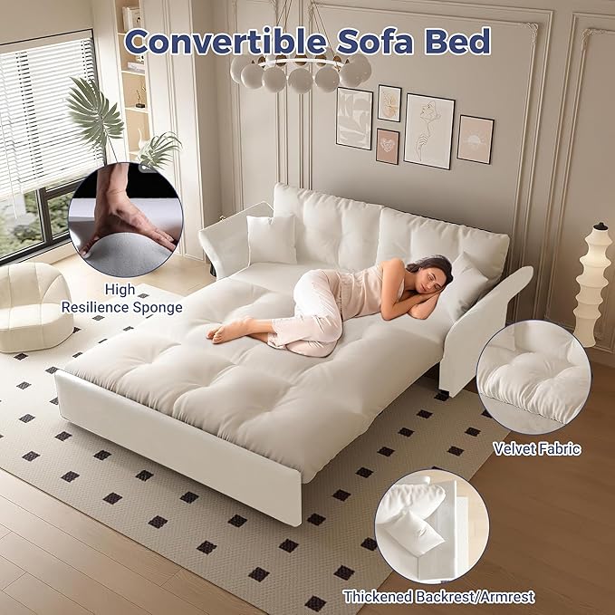 74.8 Queen Size Sleeper Sofa with Pull Out Bed 3-in-1 Convertible Loveseat Sofa with 2 Pillows Portable Pull Out Chaise for Living Room Apartment Small Spaces Beige