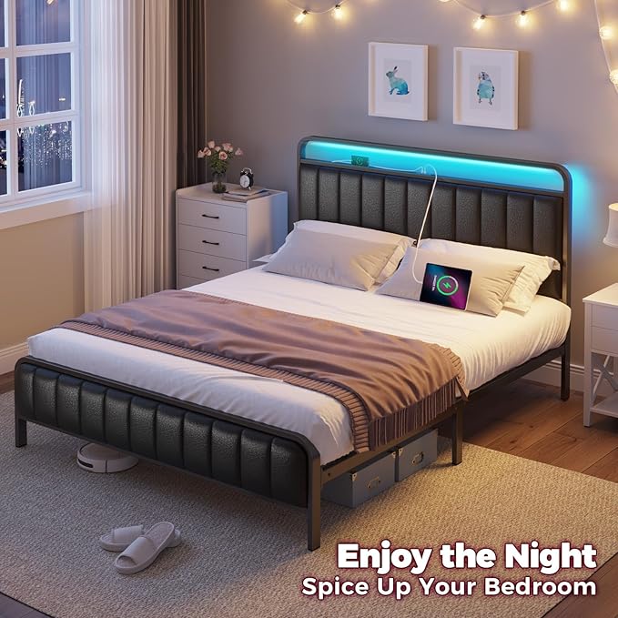 Rolanstar Full Size Bed Frame with LED Light and Charging Station Upholstered Headboard and Footboard Metal Slat Noise Free Easy Assembly Black