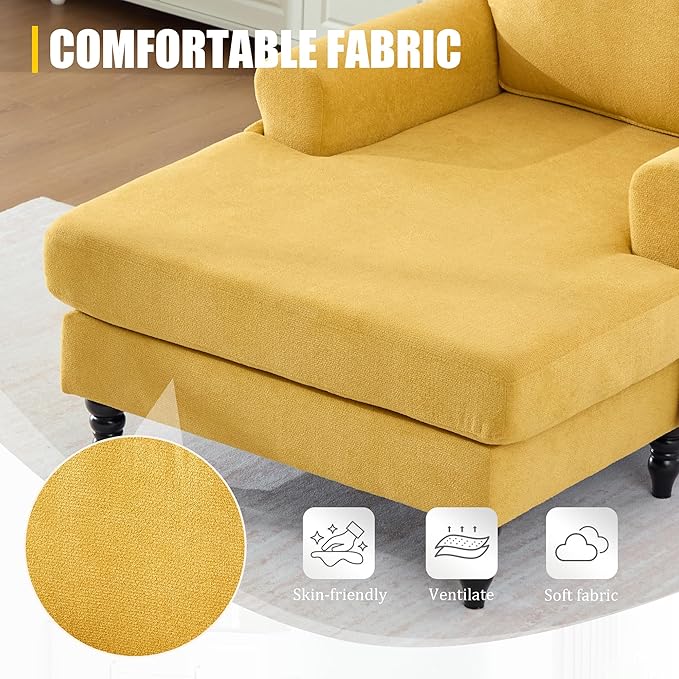 KEIKI Chaise Lounge Chair Indoor Oversized Accent Chenille Armchair with Storage Leisure Sleeper Single Sofa Side Chair Corner Recliner Arm Chairs for Living Room Reading Easy Assembly Yellow
