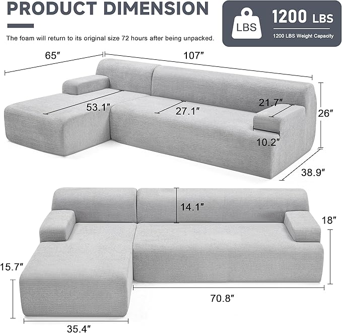 107” Modular Sectional Sofa Boneless Couch Modern Sofa for Living Room High Density Sponges Cloud Couch Sectional L-Shape Couches for Living Room LightGrey
