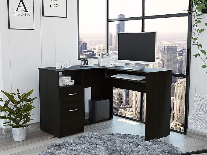 Black L-Shaped Desk with 2 Drawers &amp Open Shelf - Modern Home Office Design
