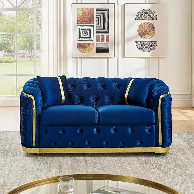 62.6 Mid Century Modern Loveseat Chesterfield Sofa Couch Blue and Gold Couch Velvet Button Tufted Luxury Couches for Living Room with Golden Decor &amp 2 Pillows Navy Blue | StainlessSteel Decor