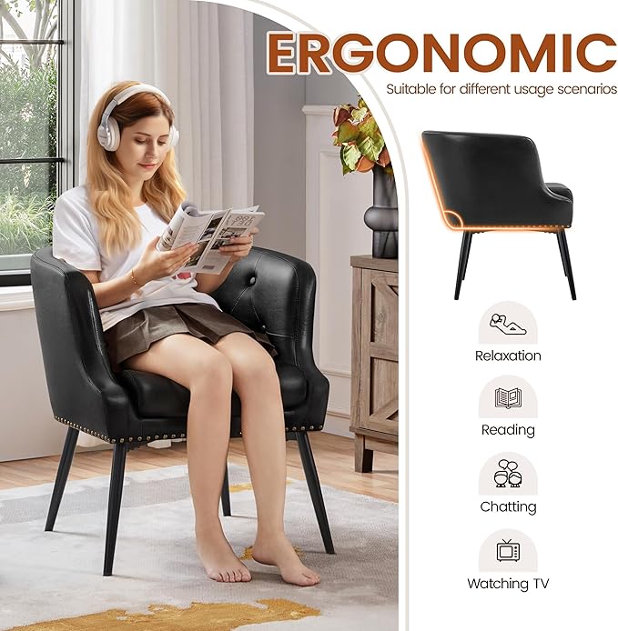 Yaheetech Modern Accent Chair Faux Leather Retro Armchair Upholstered Barrel Chair with Metal Leg and Comfy Seat Cushion for Living Room Bedroom Black Set of 2