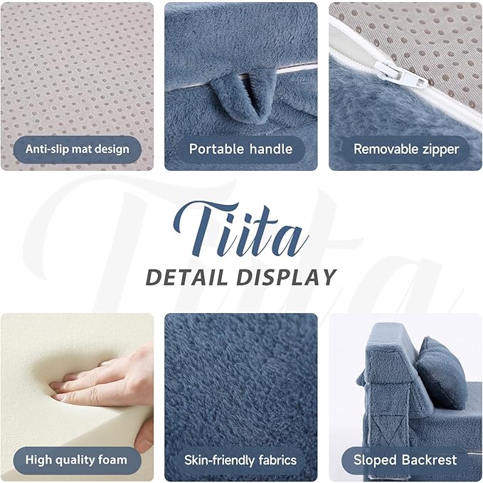 Tiita Convertible Folding Kids Sofa Bed with Pillow &amp Storage Bag Plush Fabric Floor Mattress Couch Bed Washable Cover Kids Room Playroom Dorm Apartment Blue Grey