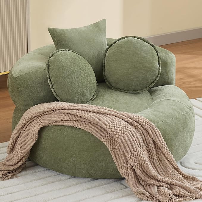Round Oversized Chair Floor Sofa Chair Chenille Compressed Circle Chaise Lounge No Assembly Boneless Barrel Chair Lazy Bean Bag Couch Accent Chair for Living Room Bedroom DormGreen