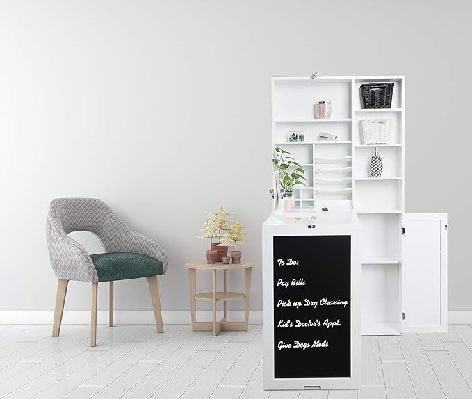 Utopia Alley Collapsible Fold Down Desk Table | Computer Desk with Large Storage Cabinet &amp Bottom Shelves Stylish Furniture for Home Office Crafting and More (White)