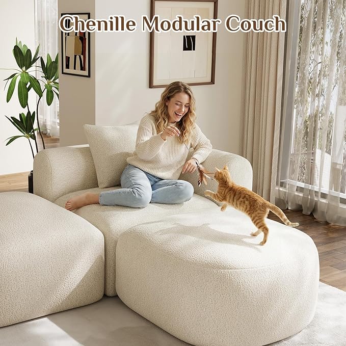 120 Curved Sectional Sofa Cream Cloud Couch Boneless Modular Sectional Couch for Living Room Oversized L Shaped Curved Couches Comfy Modern Sofa Plush Chenille with Ottoman Cream White