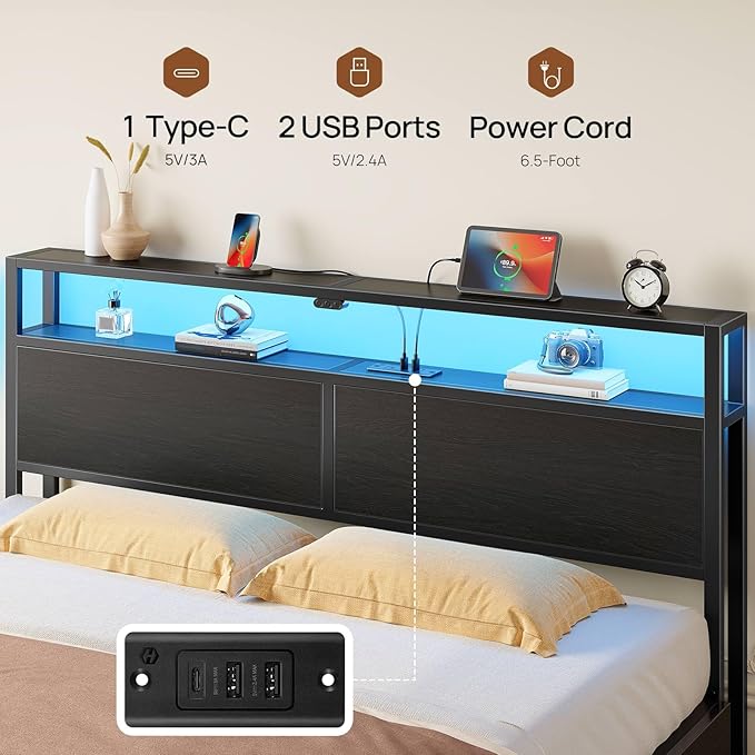 Rolanstar Twin Bed Frame with 4 Storage Drawers Charging Station and LED Lights Metal Platform Bed with 2-Tier Storage Headboard No Box Spring Needed Easy Assembly Noise-Free Black