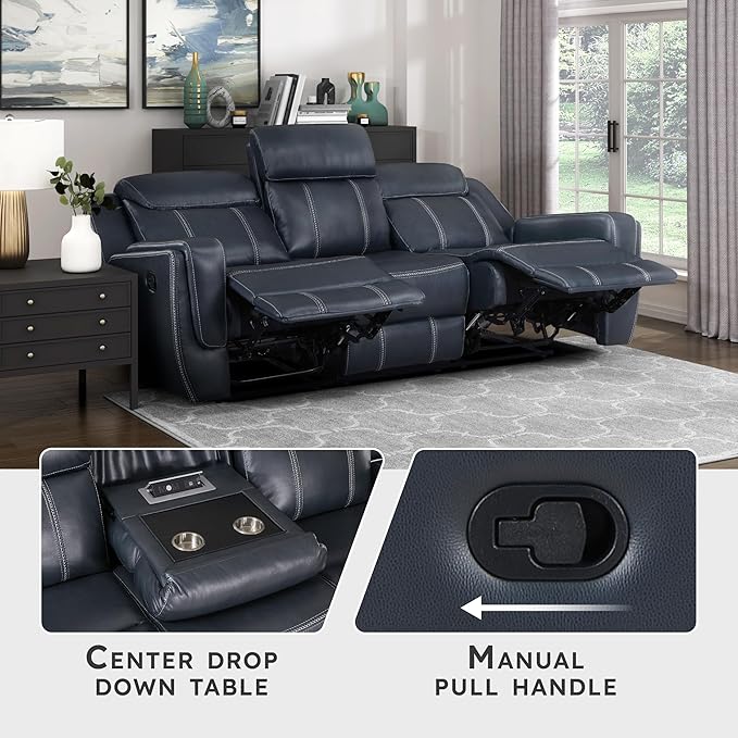 Lexicon Modern Double Recliner Sofa Faux Leather Reclining Sofa with Center Drop-Down Cup Holders Storage Pouch Receptacles USB Ports Manual Recliner Couch for Living Room/Office/Apartment Blue