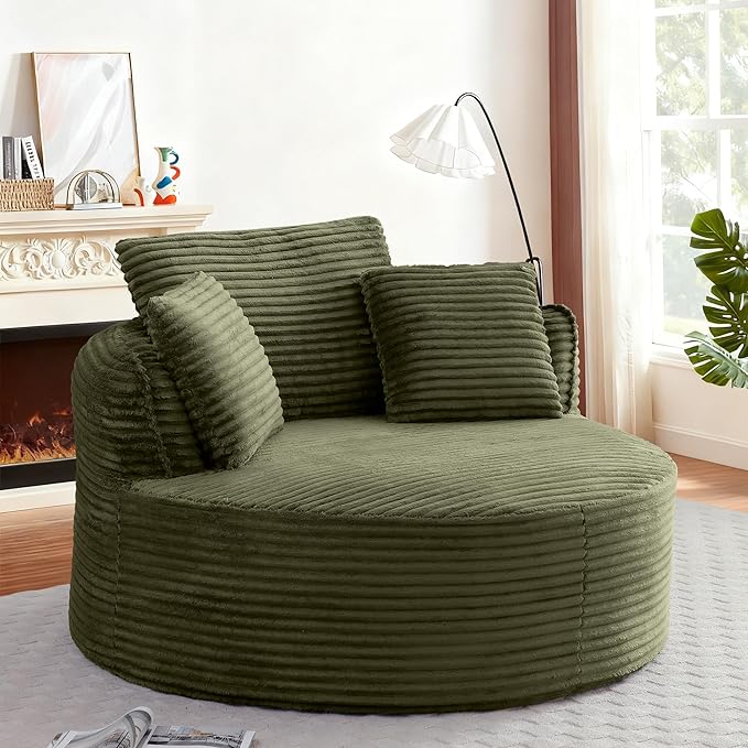 53W Oversized Round Chair Lounge Chaise Indoor Corduroy Comfy Circle Reading Armchair Upholstered Modern Cloud Boneless Chairs Cozy Floor Sofa Chair for Living Room Bedroom Apartment(Green)