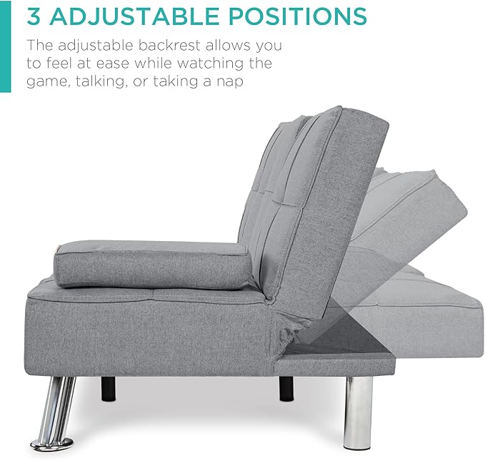 Best Choice Products Linen Modern Folding Futon Reclining Sofa Bed for Apartment Dorm w/Removable Armrests 2 Cupholders - Gray