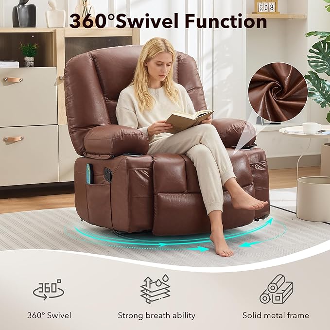 Rocker Recliner Chair with Heat and MassageNursery Recliner 360° Swivel Oversized Chairs for AdultsPU Leathe Lazy Boy Single Sofa Seat with 3 Positions Side PocketsCup Holders for Living Room