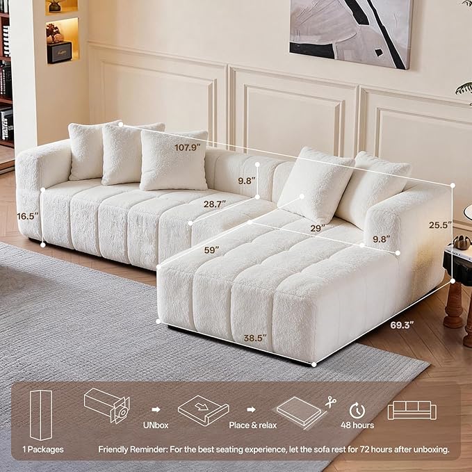 Modular Sectional Sofa Cloud Boneless Couch with Layered Cushion Upholstered Sofa in a Box Flexible Module Combination for Living Room No Assembly (White 108“)