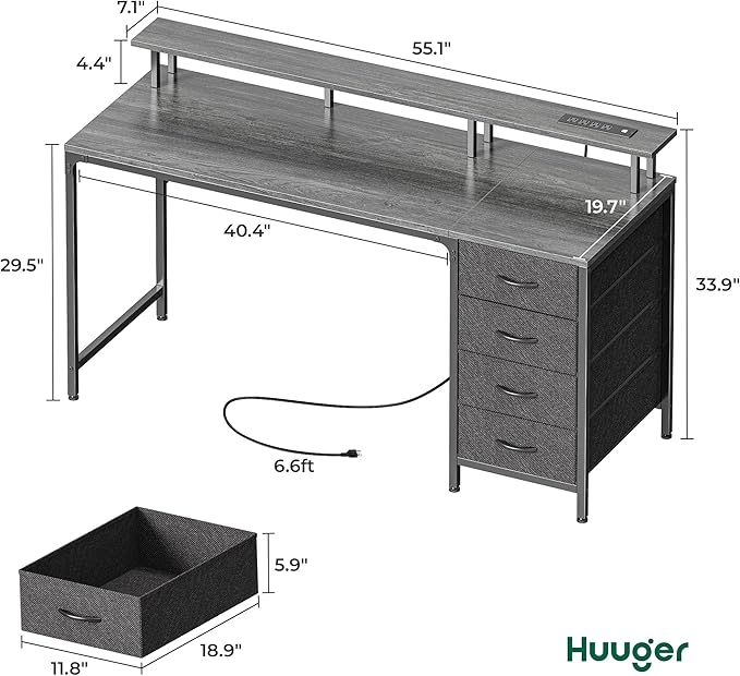 Huuger 55 Inch Computer Desk with Power Outlets and LED Lights Gaming Desk with 4 Drawers Office Desk with Monitor Stand Study Work Home Office Gray