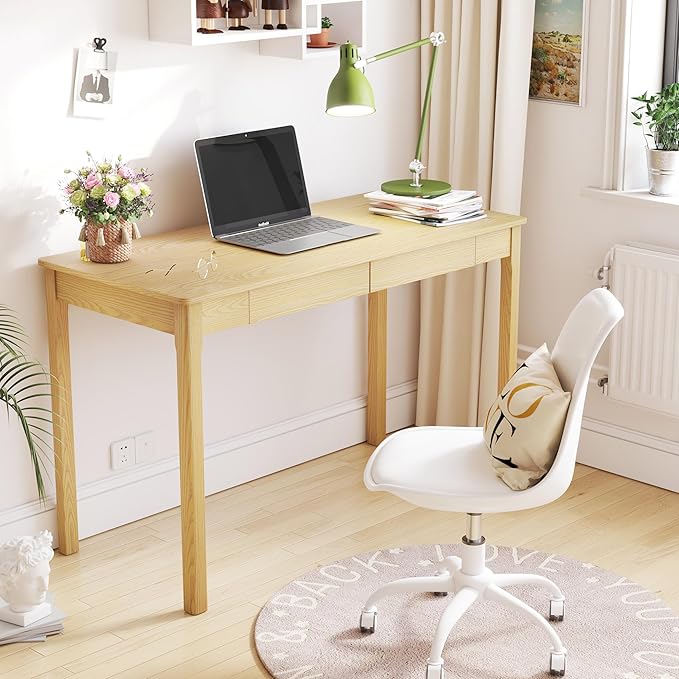 Solid Ash Wood Desk - 47.2 Inch Natural Boho Desks 220LBS Capacity Writing Desk with Drawers Simple Study Table Home Office Desks for Bedroom Living Room &amp Office