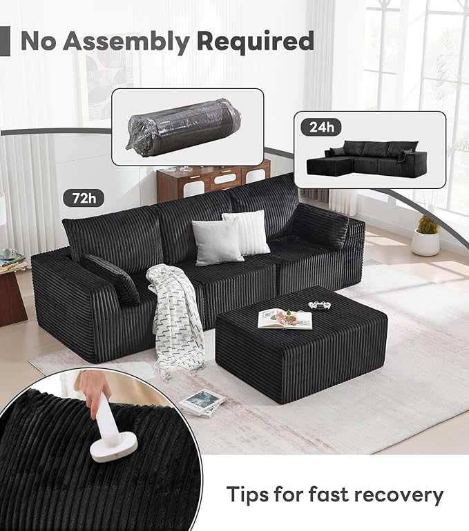 Tbfit Sectional Cloud Couch for Living Room Modular Sofa Bed with Angled Armrest Comfy Boneless Sofa with Wide Seat &amp Deep Seat Black
