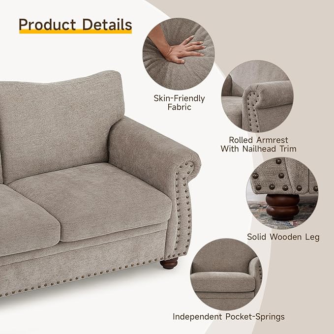 ONBRILL Nailhead Sofa 66 Inch Small Couch with Rolled Arms Chenille Fabric Loveseat w/Springs Seat Cushion Vintage Curved Back Turned Wood Legs Comfy Couch for Living Room Farmhouse Beige